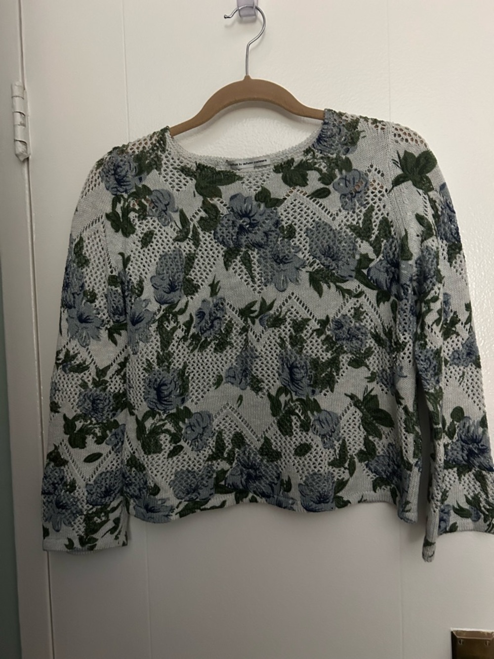 Cotton by Autumn Cashmere 
Light Gray/Green Floral Cotton Pointelle Sweater